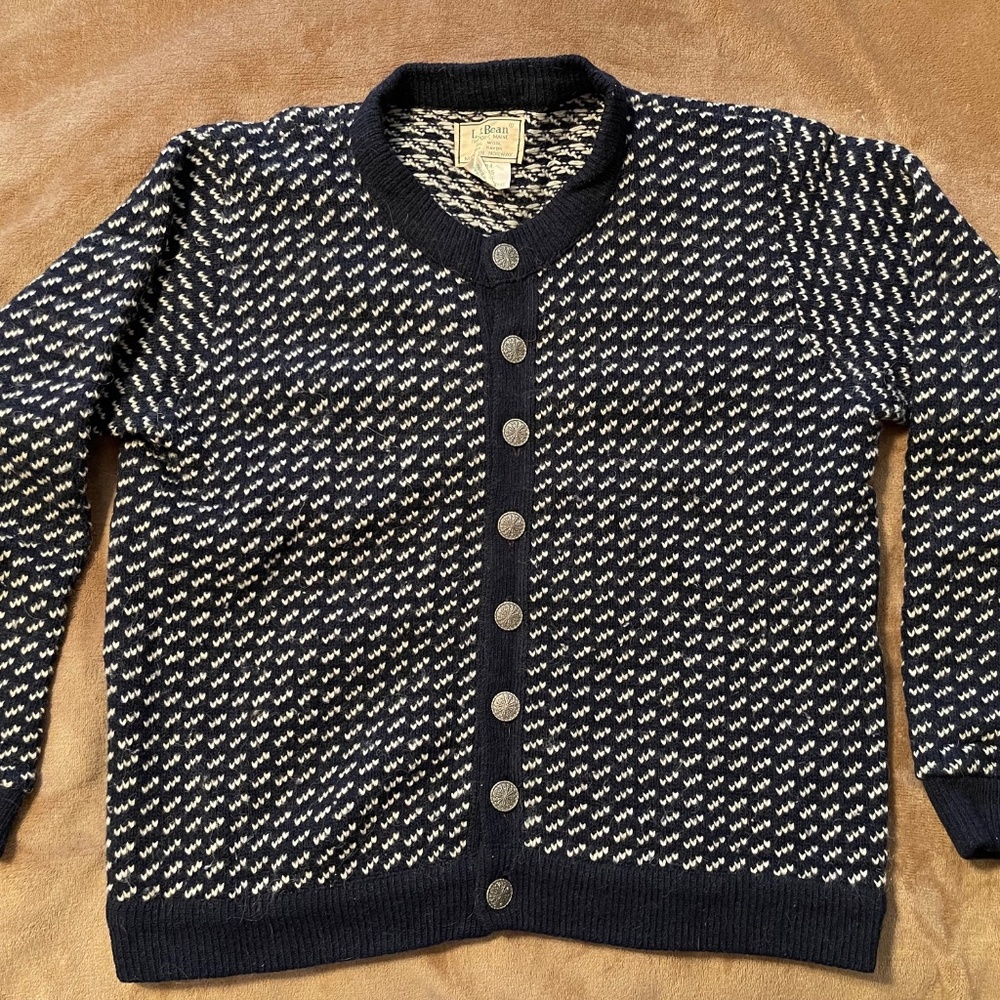 LL Bean Vintage Birds Eye Cardigan Sweater Snowflake Buttons Mens Large Blue